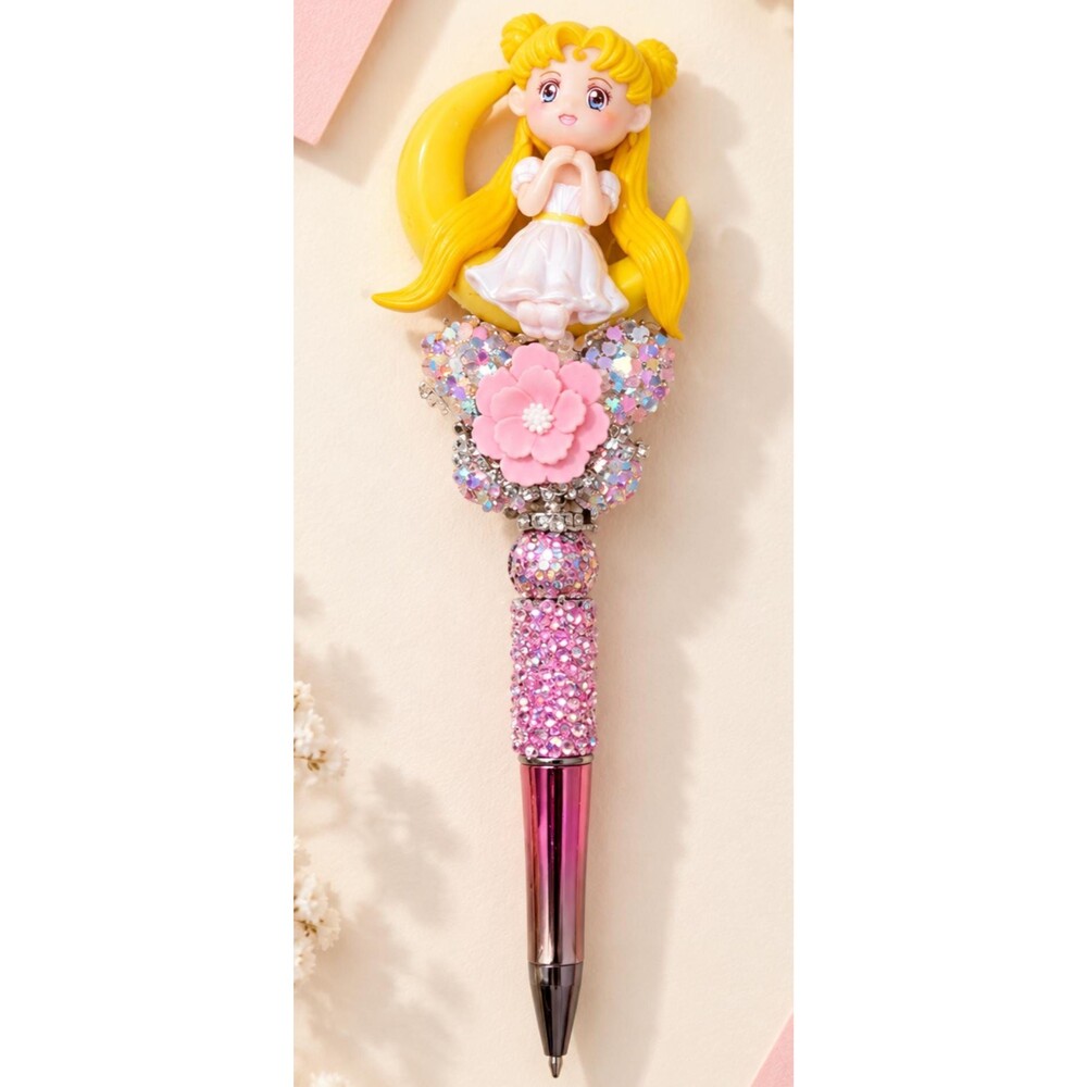 Pink Rhinestone Crescent Moon Doll Pen, Floral Beaded Pen